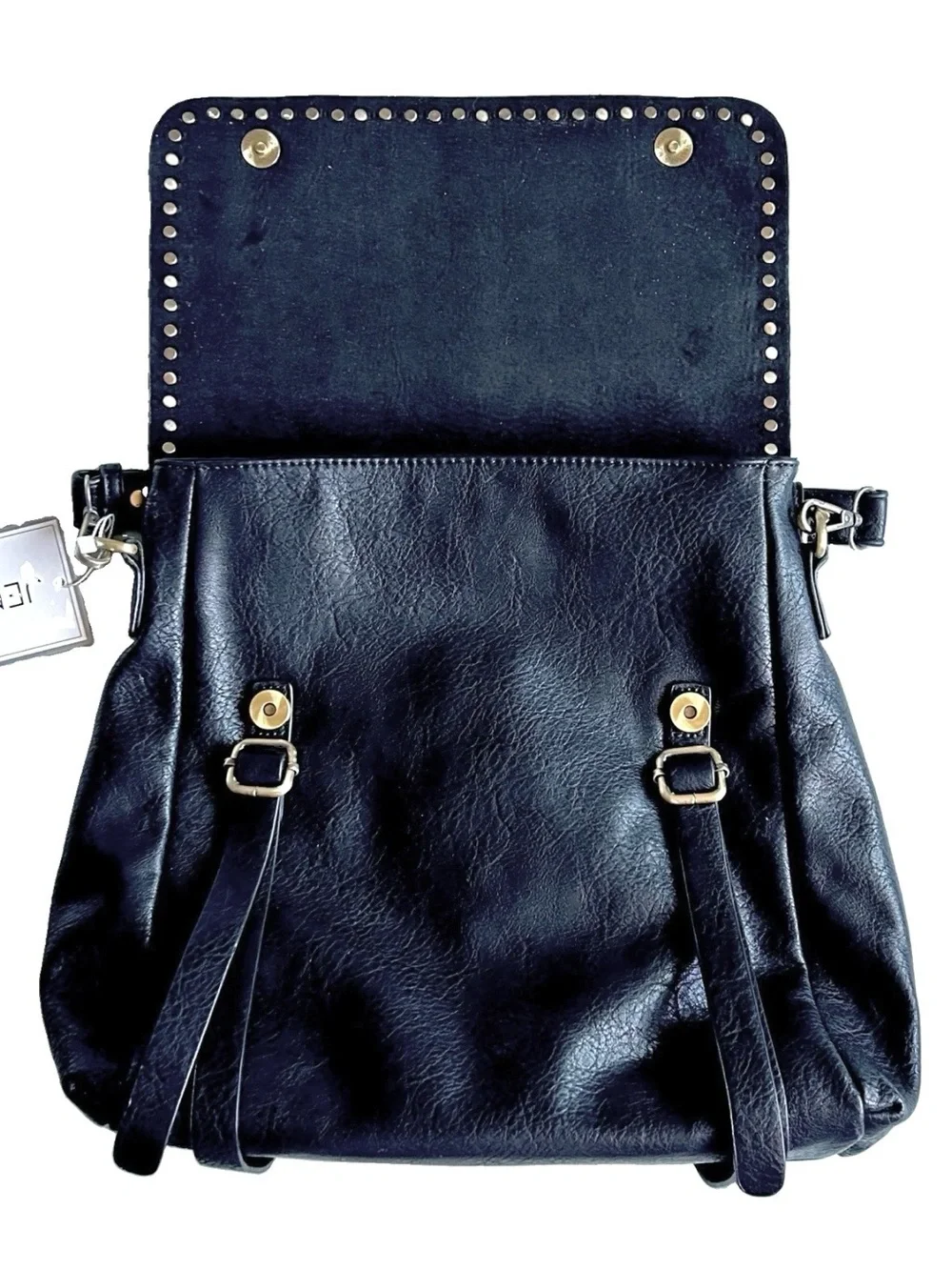 Jen & Co Indigo Convertible Backpack Purse Flap Over Front Metal Studs Black 12”